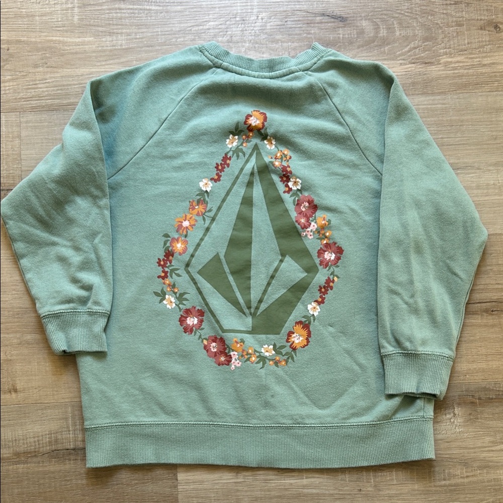 EUC- Volcom Green Kids Sweatshirt with Floral Design